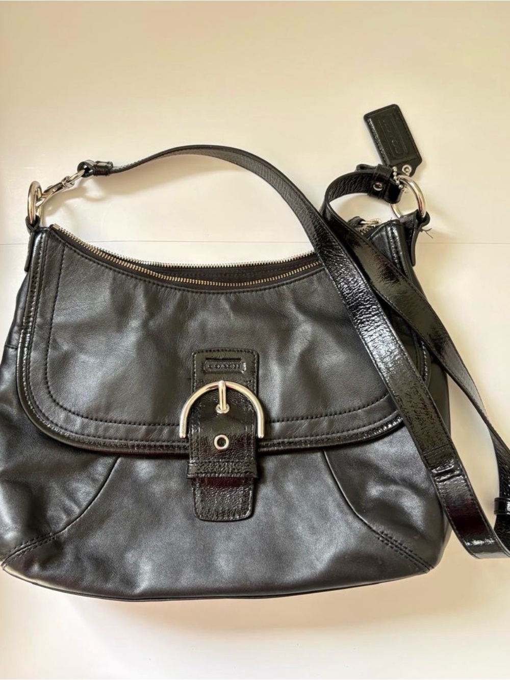 Coach Madison Black Leather Shoulder/ crossbody Bag with Buckle Accent
